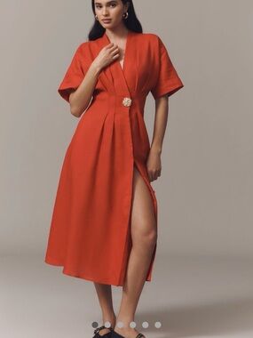 Exquise Anthropologie Shirt Dress Tobie Red Linen Preppy Boho Retro Small NWT